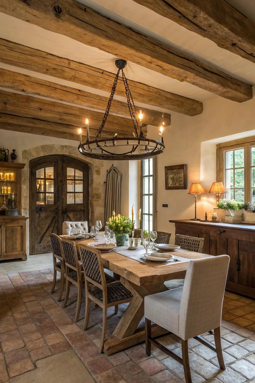 A timeless candle chandelier brings elegance to the farmhouse dining area.