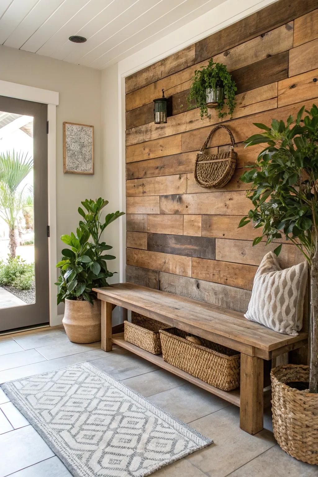 A beautifully welcoming entryway featuring a seat crafted from recycled timber.