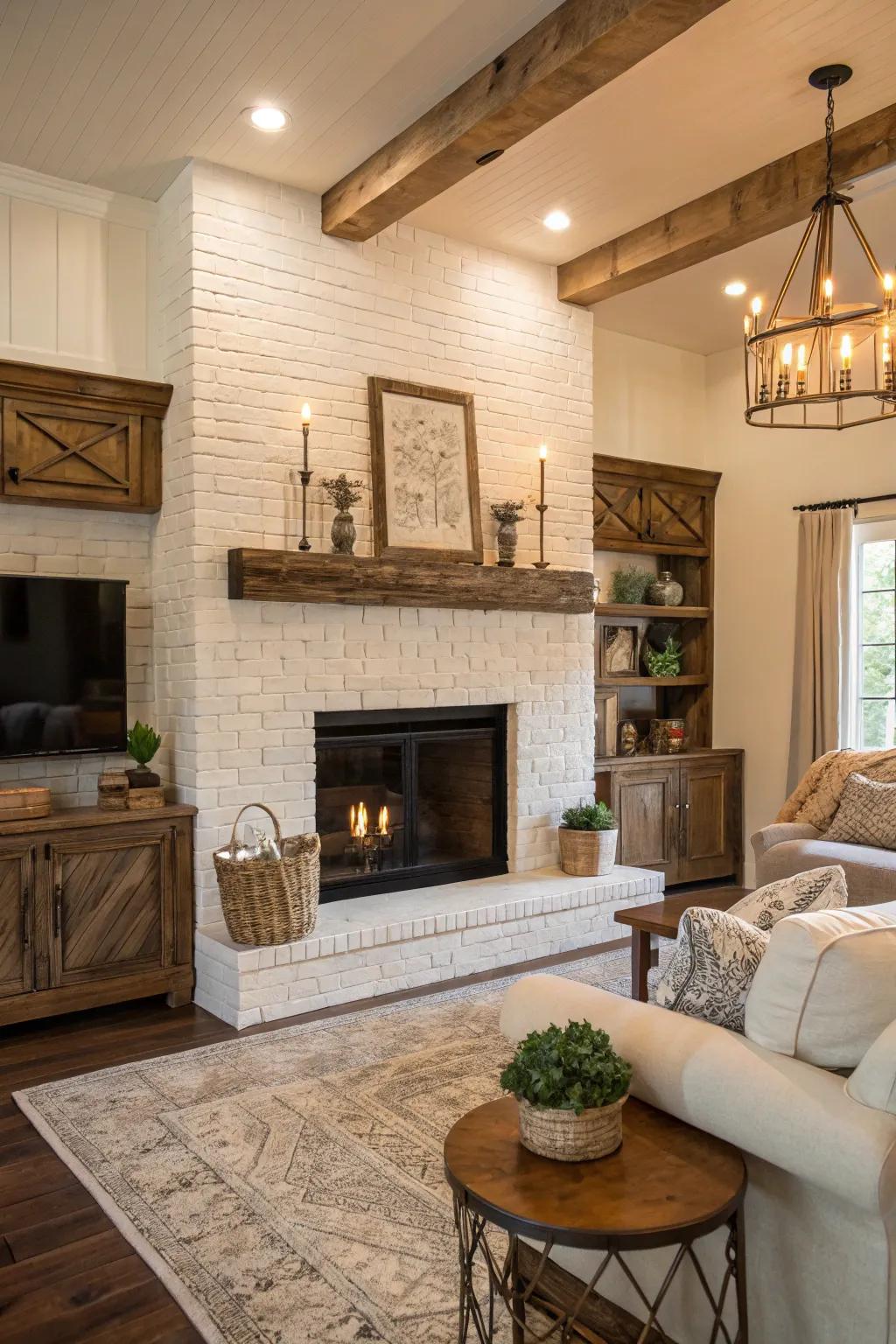 A timeless off-white brick fireplace enhanced by unrefined wood accents.