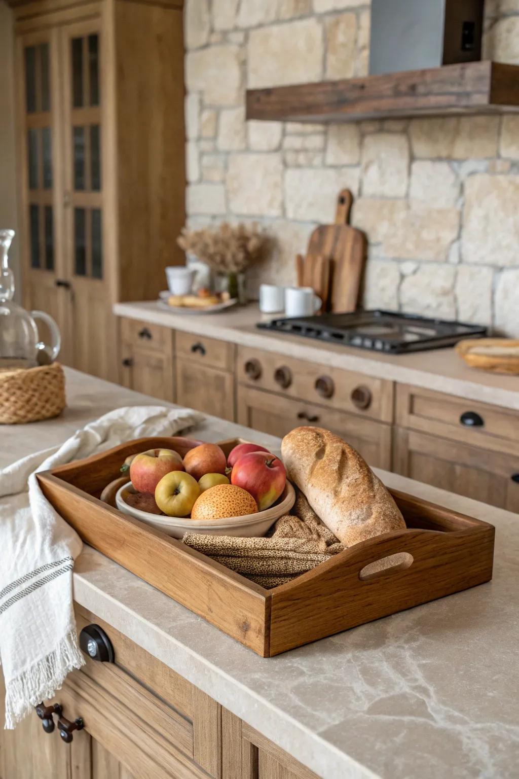 A timber tray neatly arranging kitchen must-haves on a farmhouse surface.