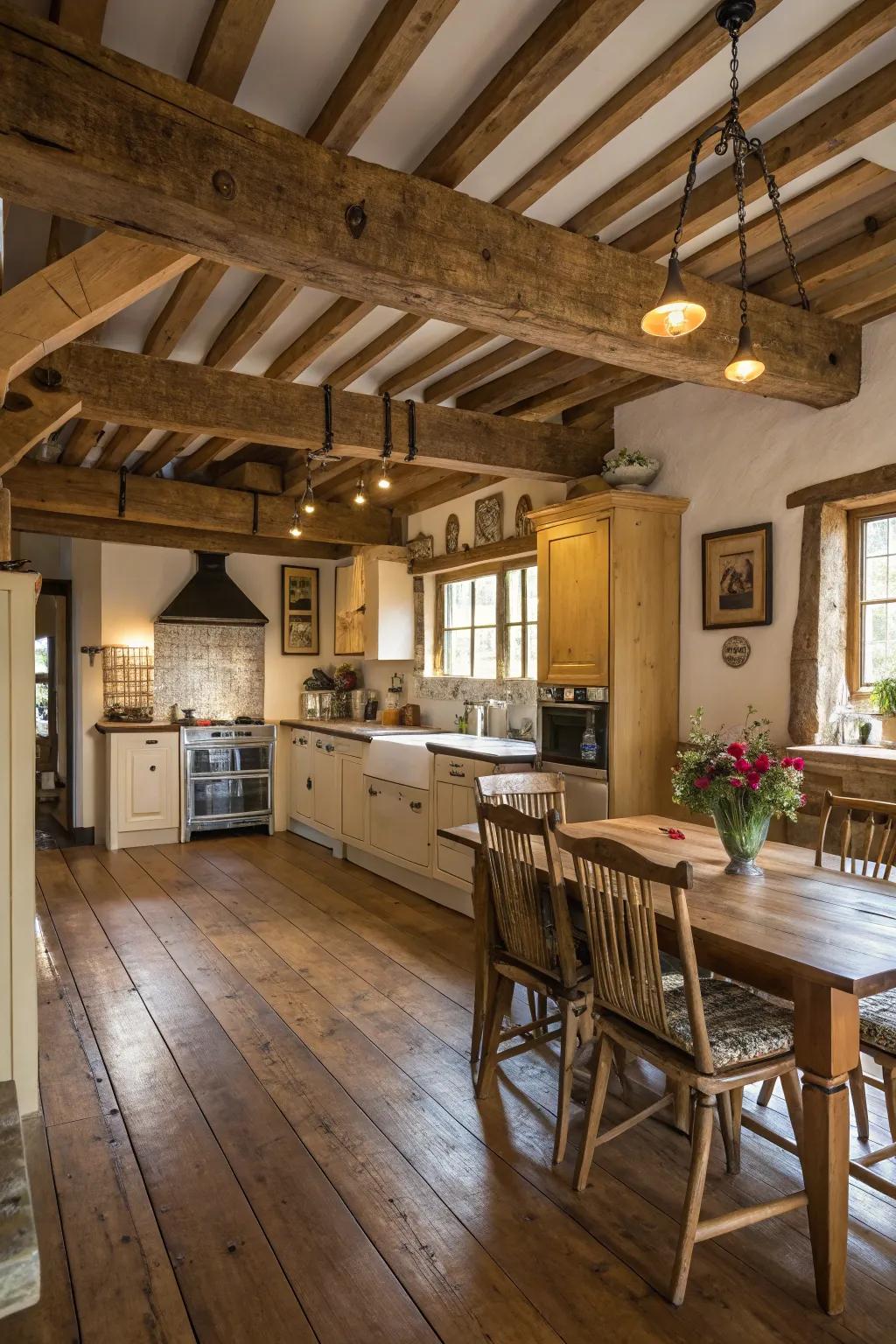 A farmhouse kitchen showcasing prominent wooden ceiling beams and a deluxe wood floor.