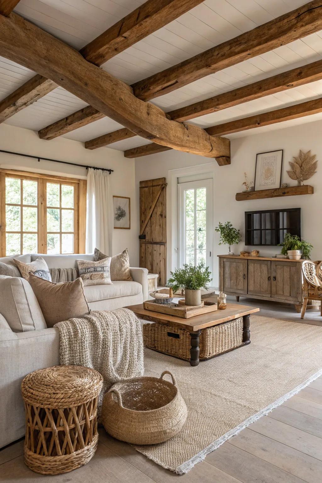 Visible wooden beams introduce appealing architectural details to this farmhouse living space.