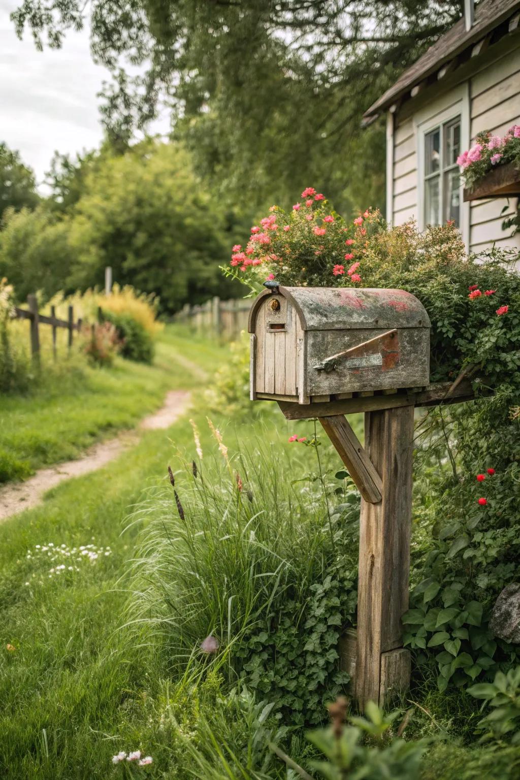 A classic timber mailbox featuring a distressed surface stands elegantly amid verdant foliage.