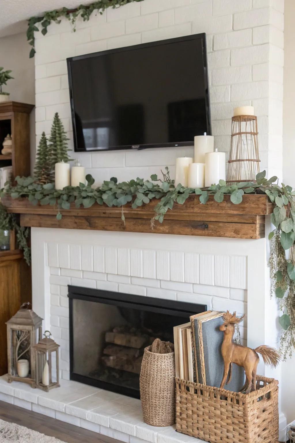 A farmhouse mantel elegantly adorned with abundant greenery and country accents.