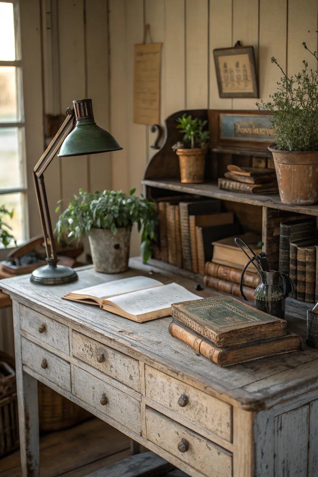 An aged timber desk introduces a vintage element to your office.