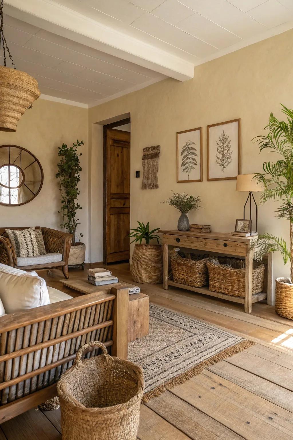Warm cream walls create an inviting atmosphere in this farmhouse living space.