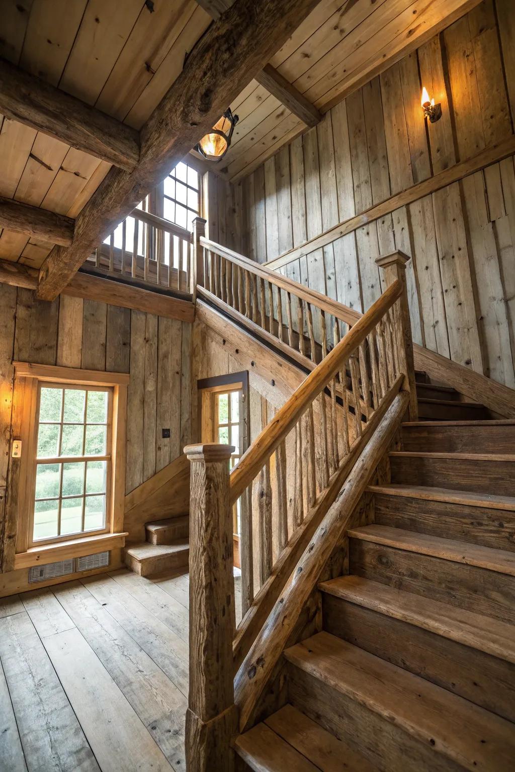 Upcycled lumber railing gives comfort and a sense of the past to your house.