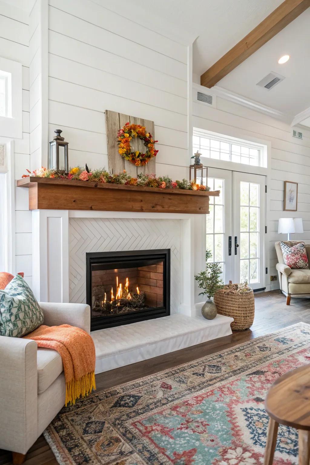 A timeless white plank paneling fireplace infuses refinement into any area.