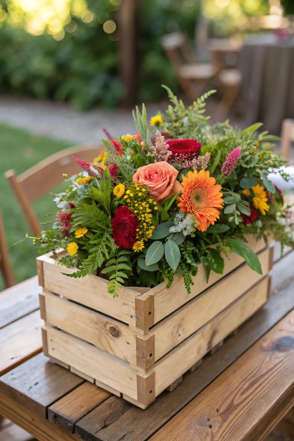 Colorful floral arrangement in a wooden storage box.