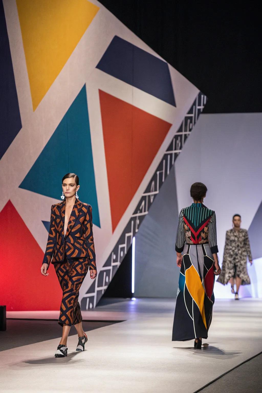 A fashion runway showcasing a geometric backdrop that amplifies the show's theme.