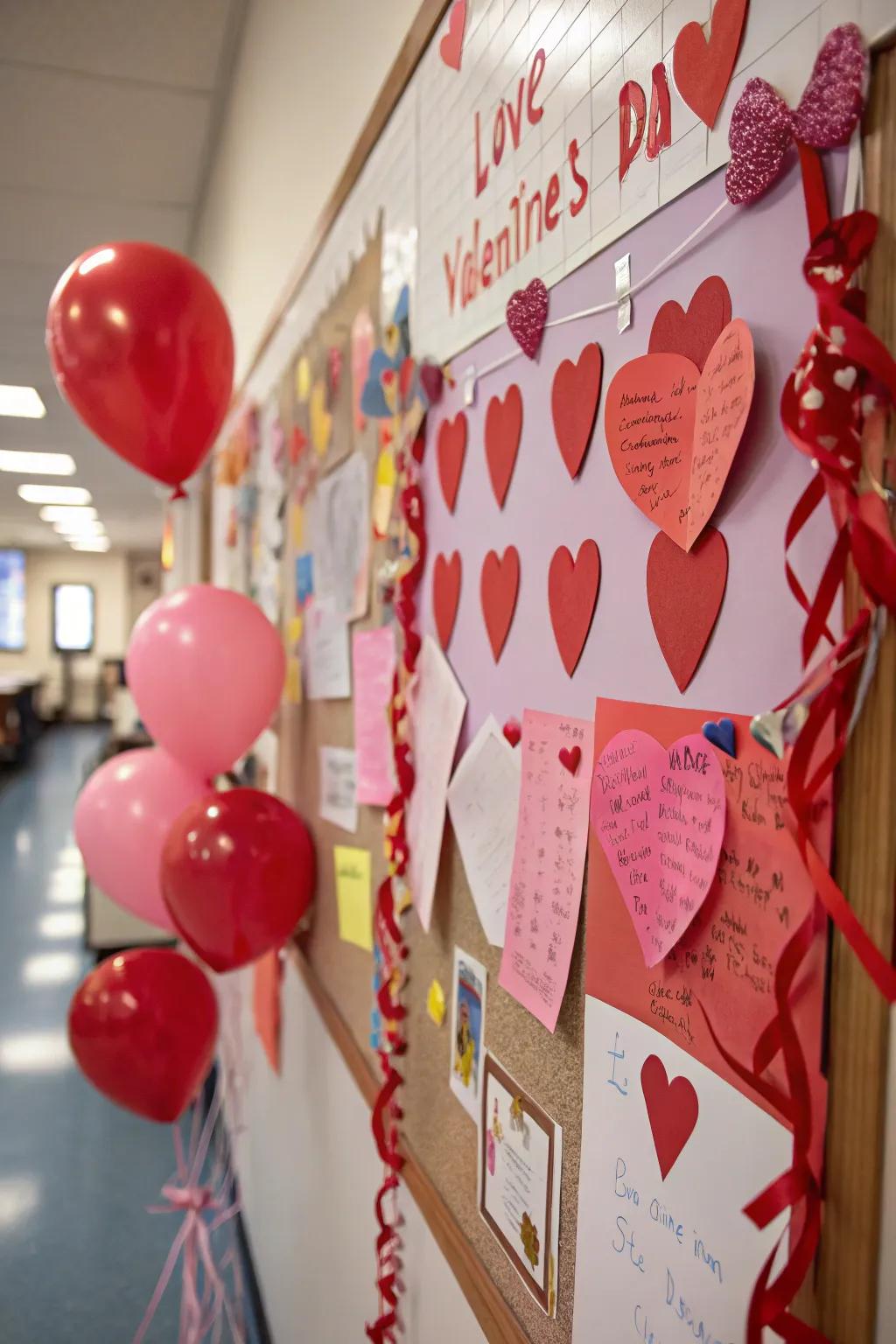 A Valentine-themed bulletin board adorned with hearts and sweet messages.