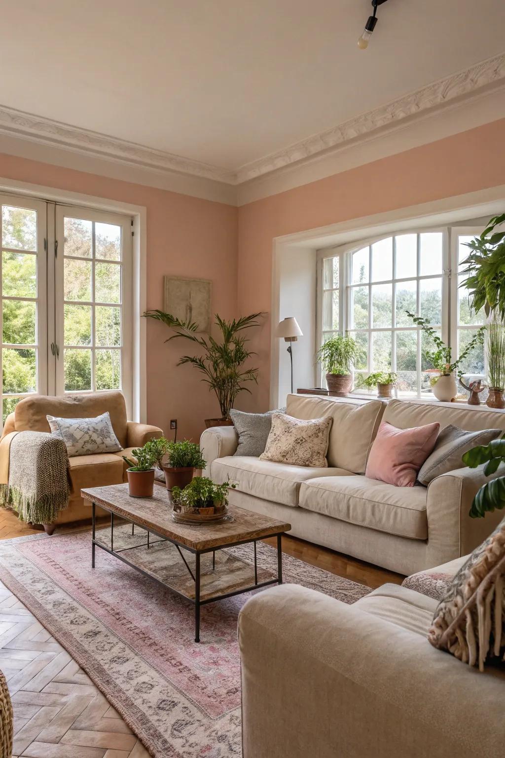 A tranquil living room showcasing walls in gentle pastel tones and luxurious furnishings.