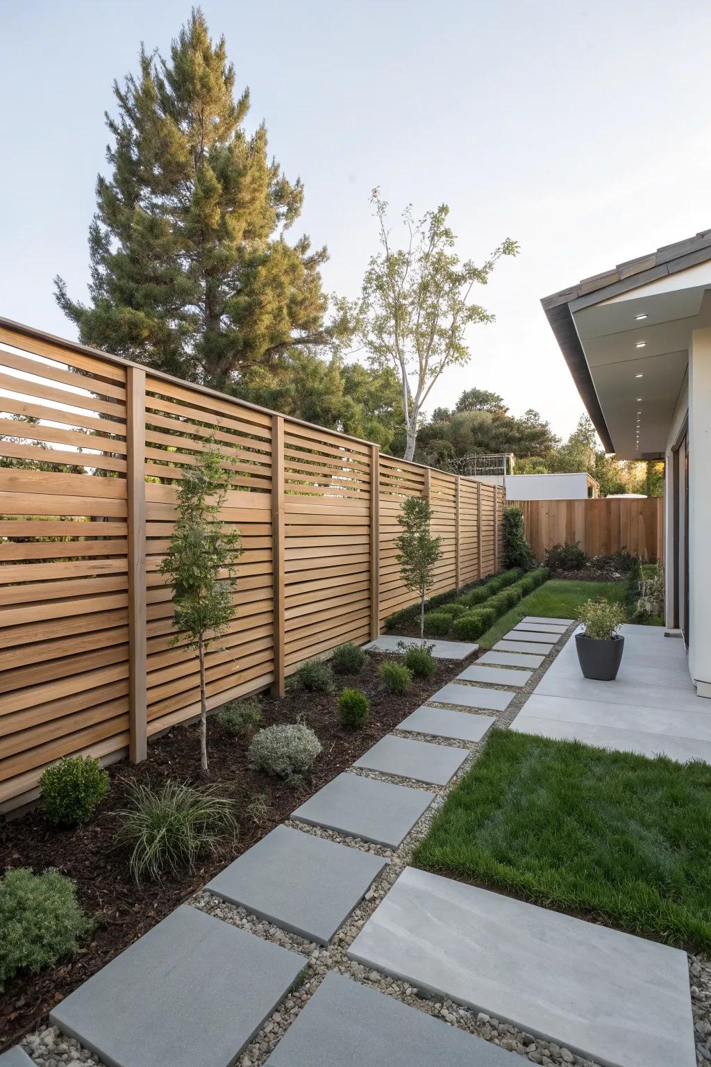 Horizontal wood strip fencing introduces a contemporary element to any backyard.