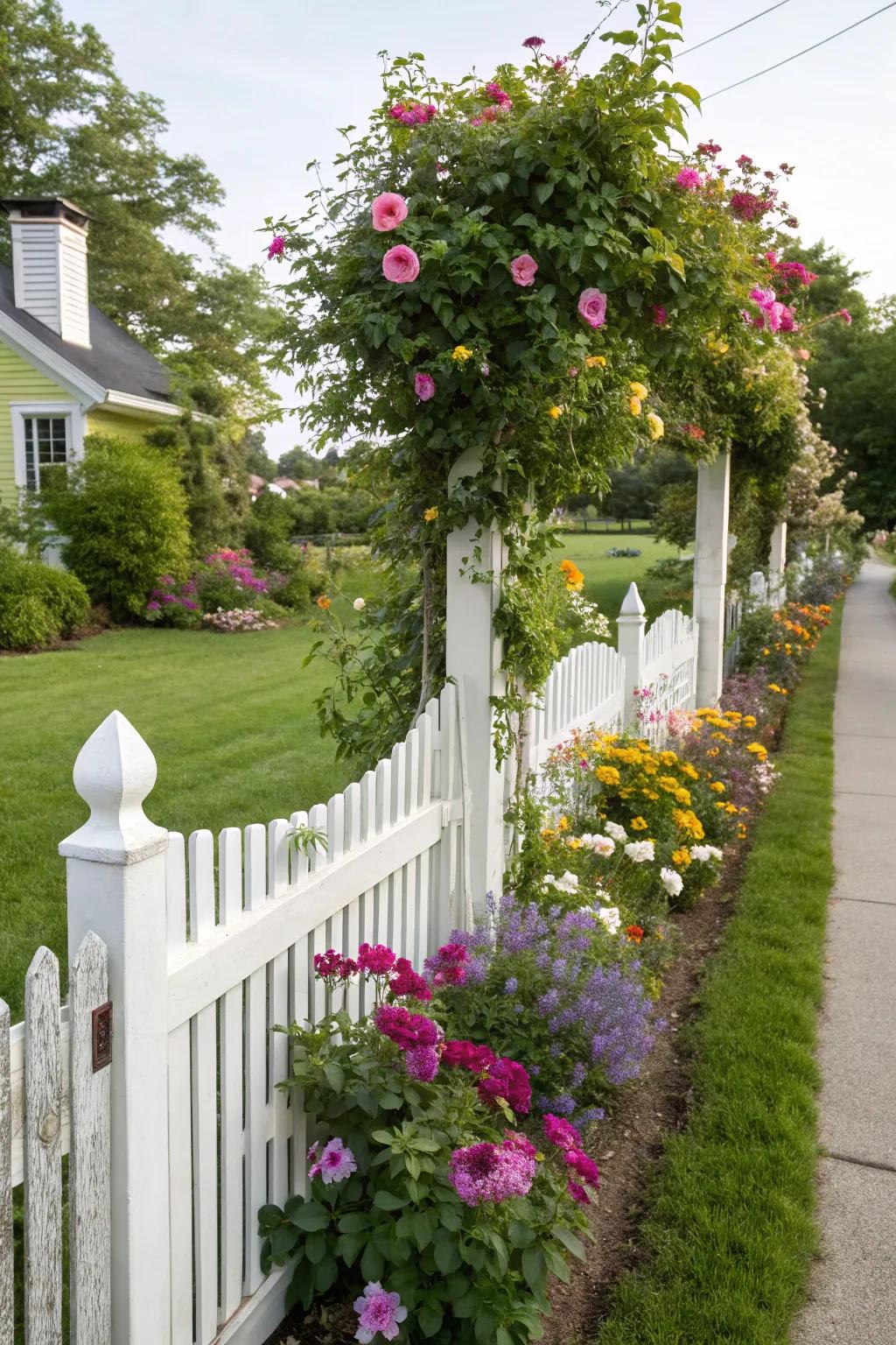 A timeless white picket fence enhanced by vibrant floral accents.