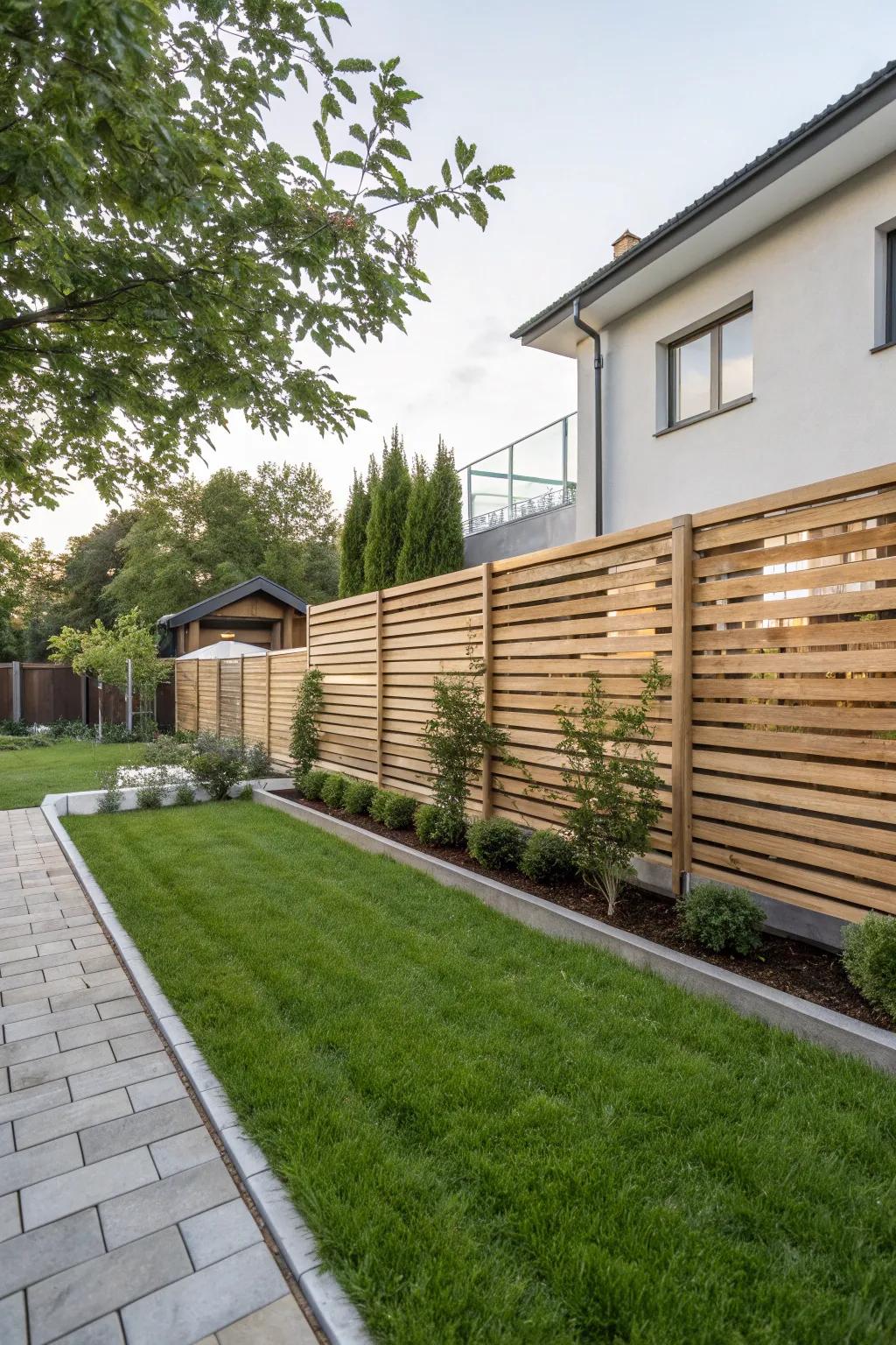 Horizontal wood slats provide a smooth, up-to-date aesthetic for your backyard.