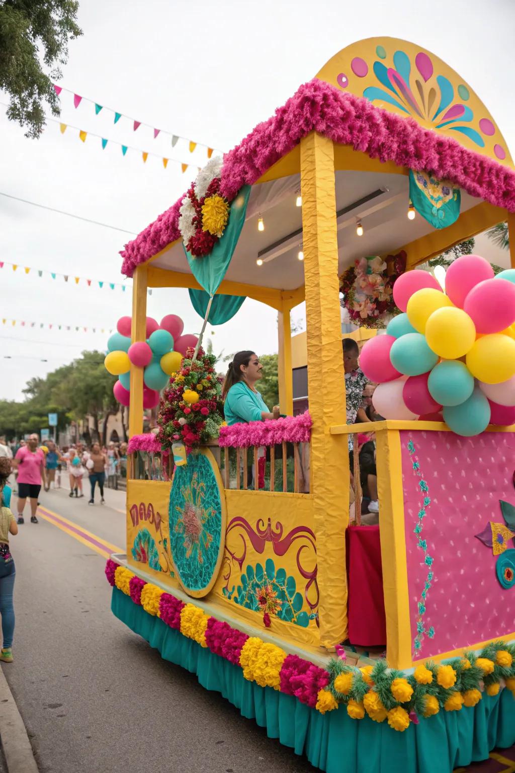 A parade float filled with vibrant and lively colors.