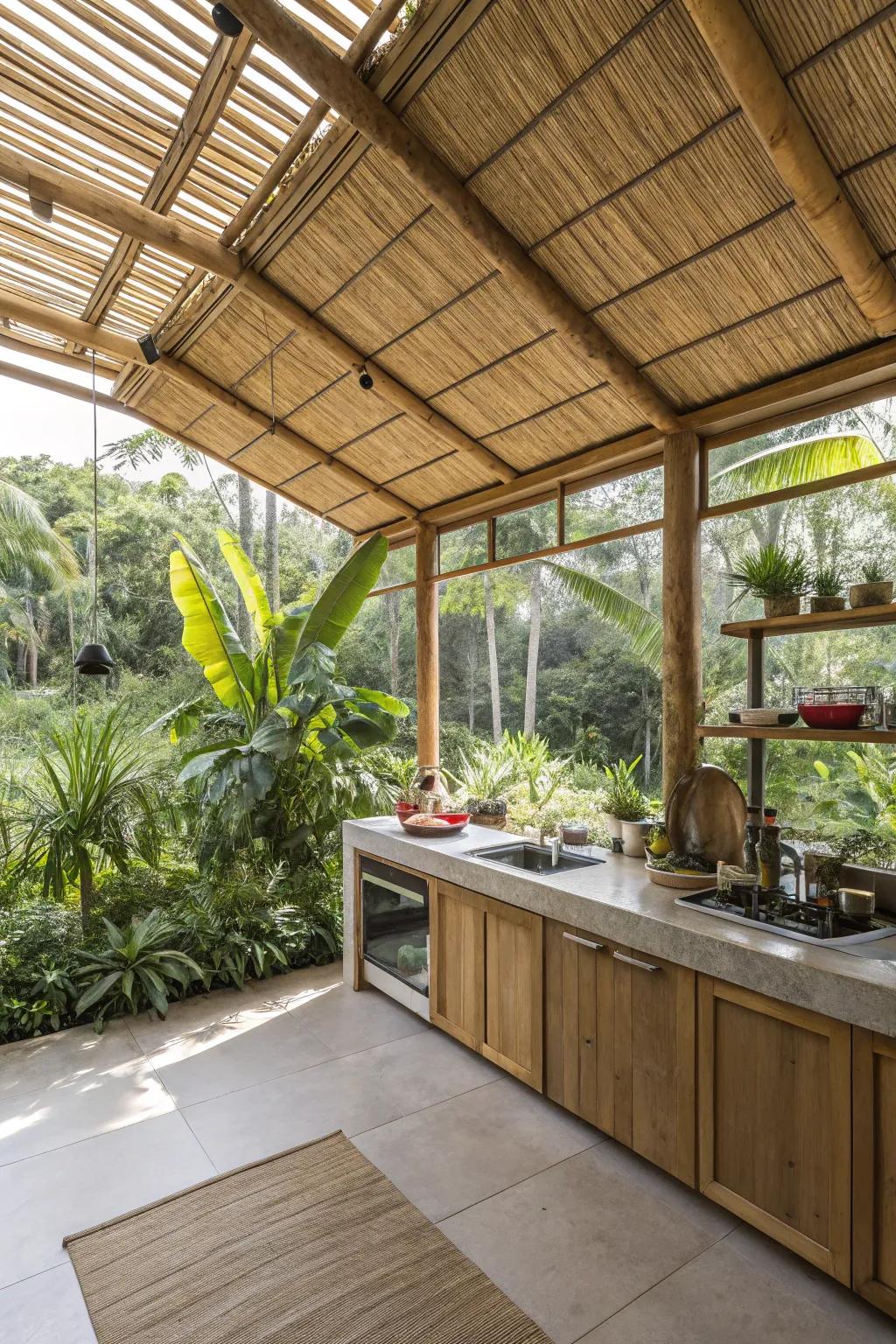 An open-air kitchen style that seamlessly integrates the outdoors, perfectly suited for tropical climates.
