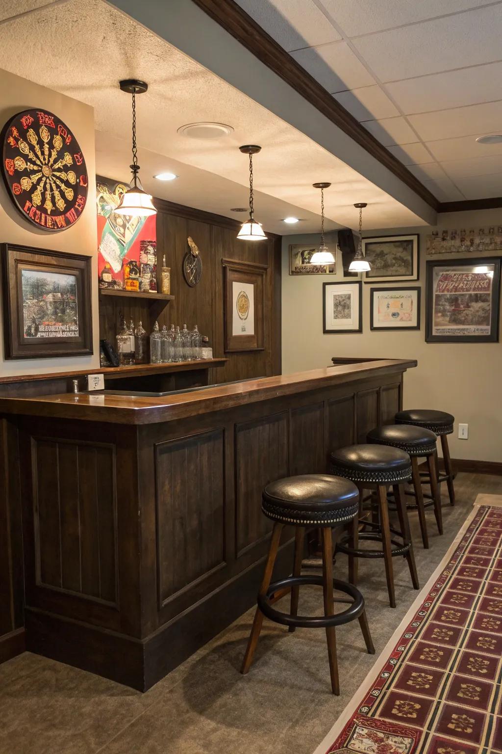 Relish in the ageless allure of a classic pub within your basement.