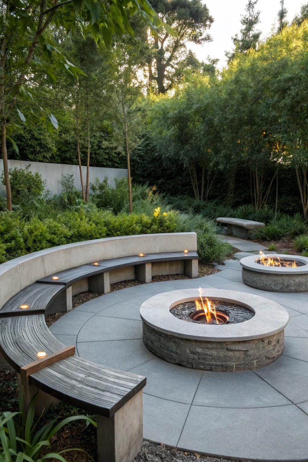 Curved stone seating provides a timeless and sociable seating solution.