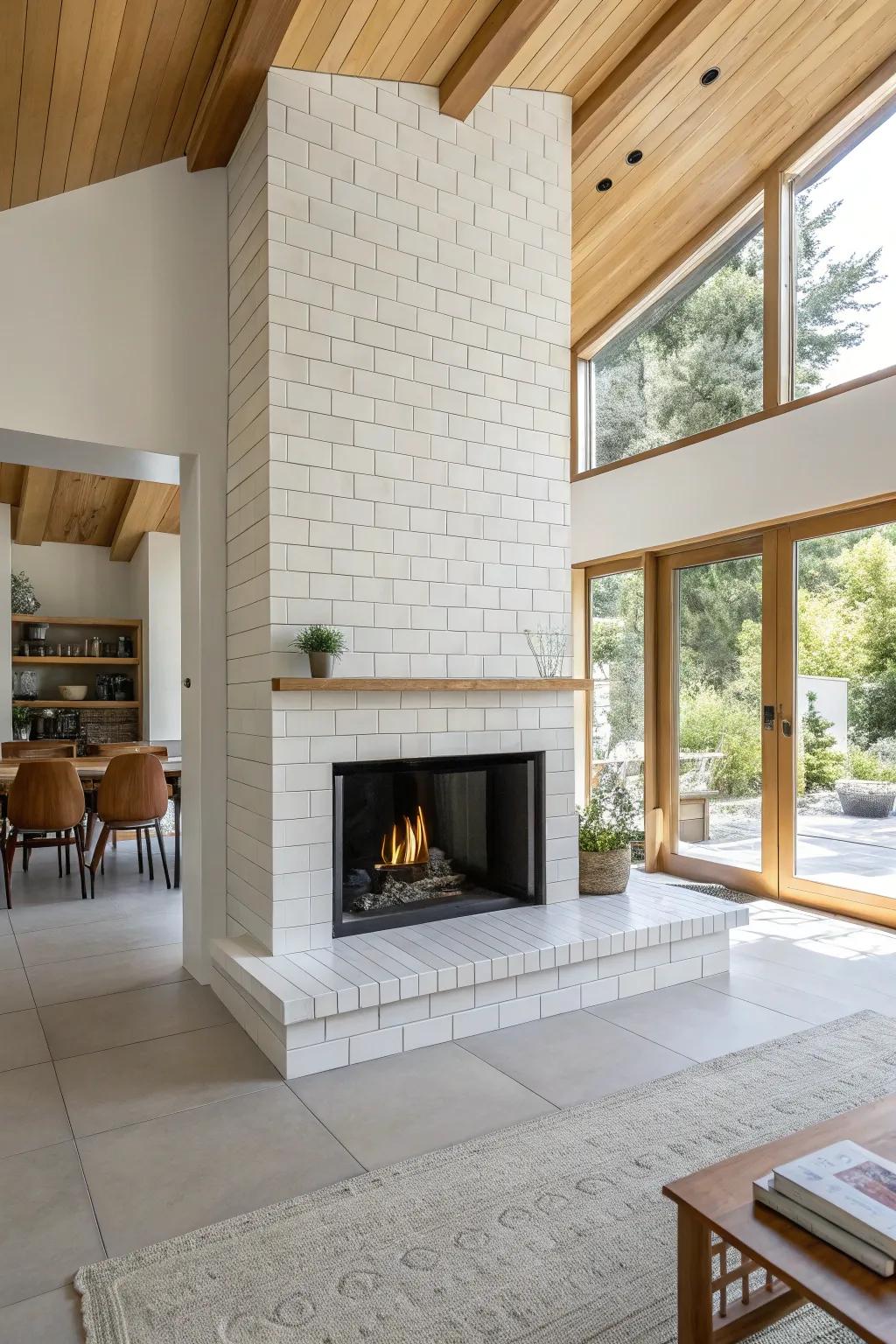 A minimalist fireplace showcasing sleek white tiles in a contemporary living area.