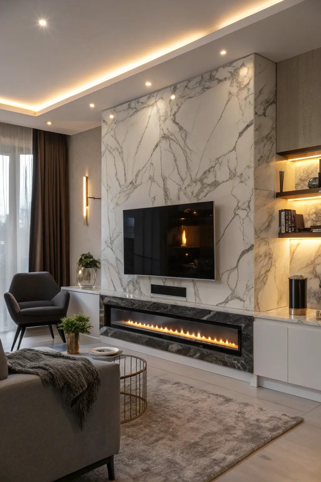 A modern family room showcasing a marble fireplace wall with an integrated TV.