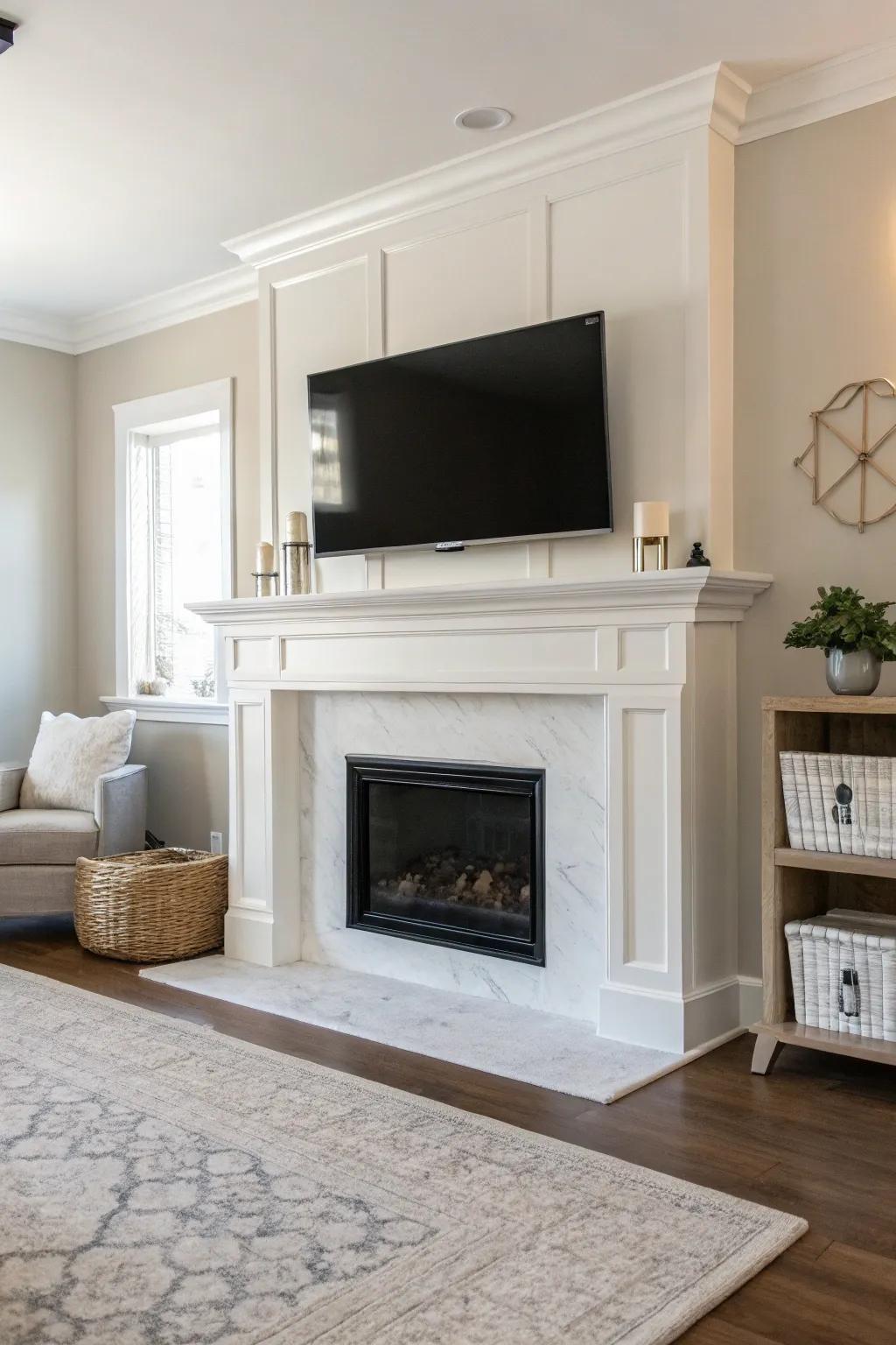 A minimalist living room highlighting a TV and white fireplace.