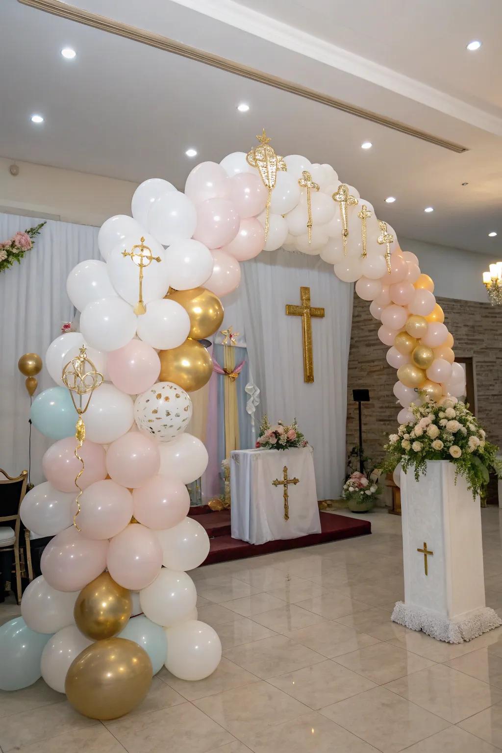 An impressive balloon arch sets the perfect tone for any First Holy Communion celebration.
