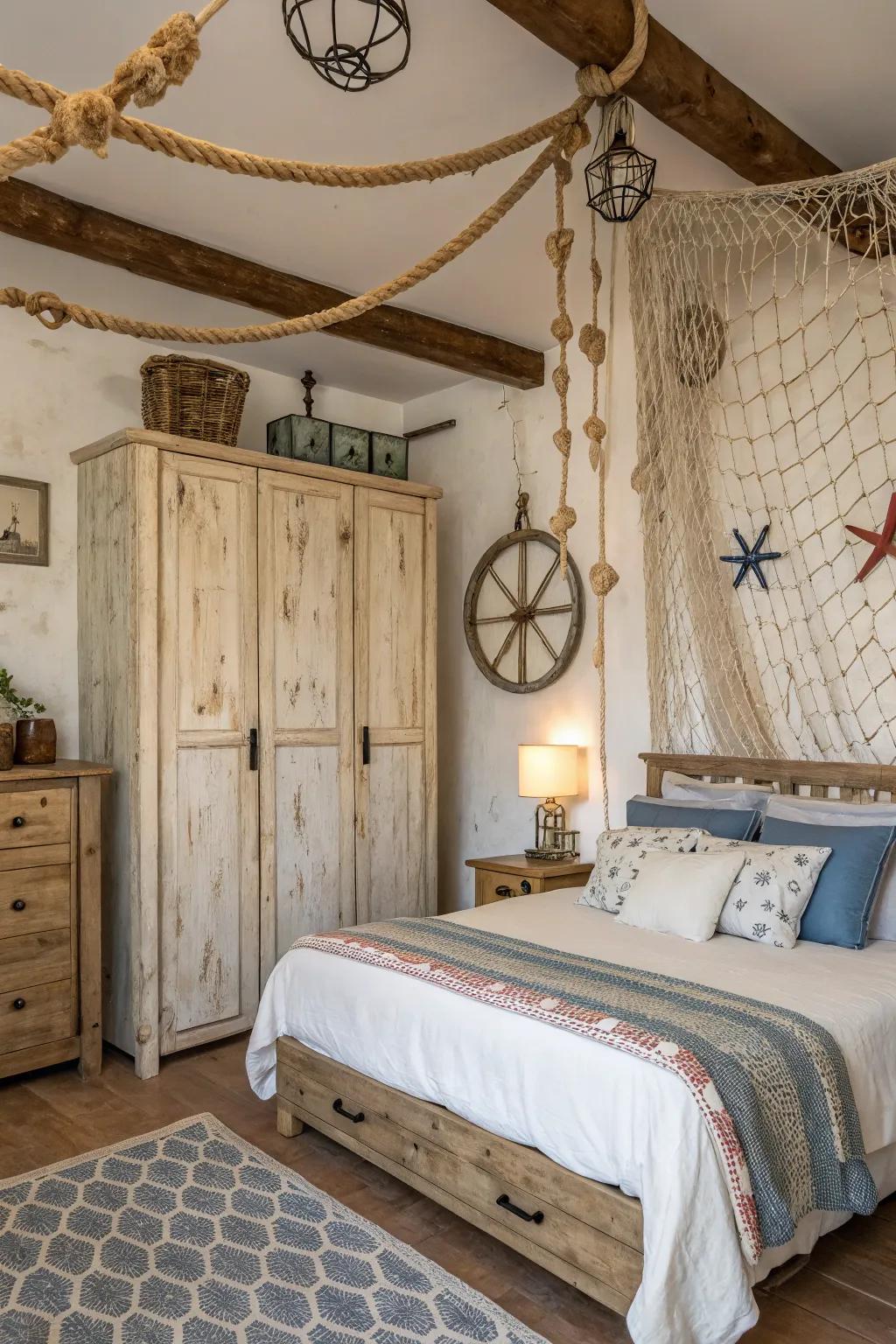 Wood furniture introduces a rustic element to your fishing-inspired bedroom.