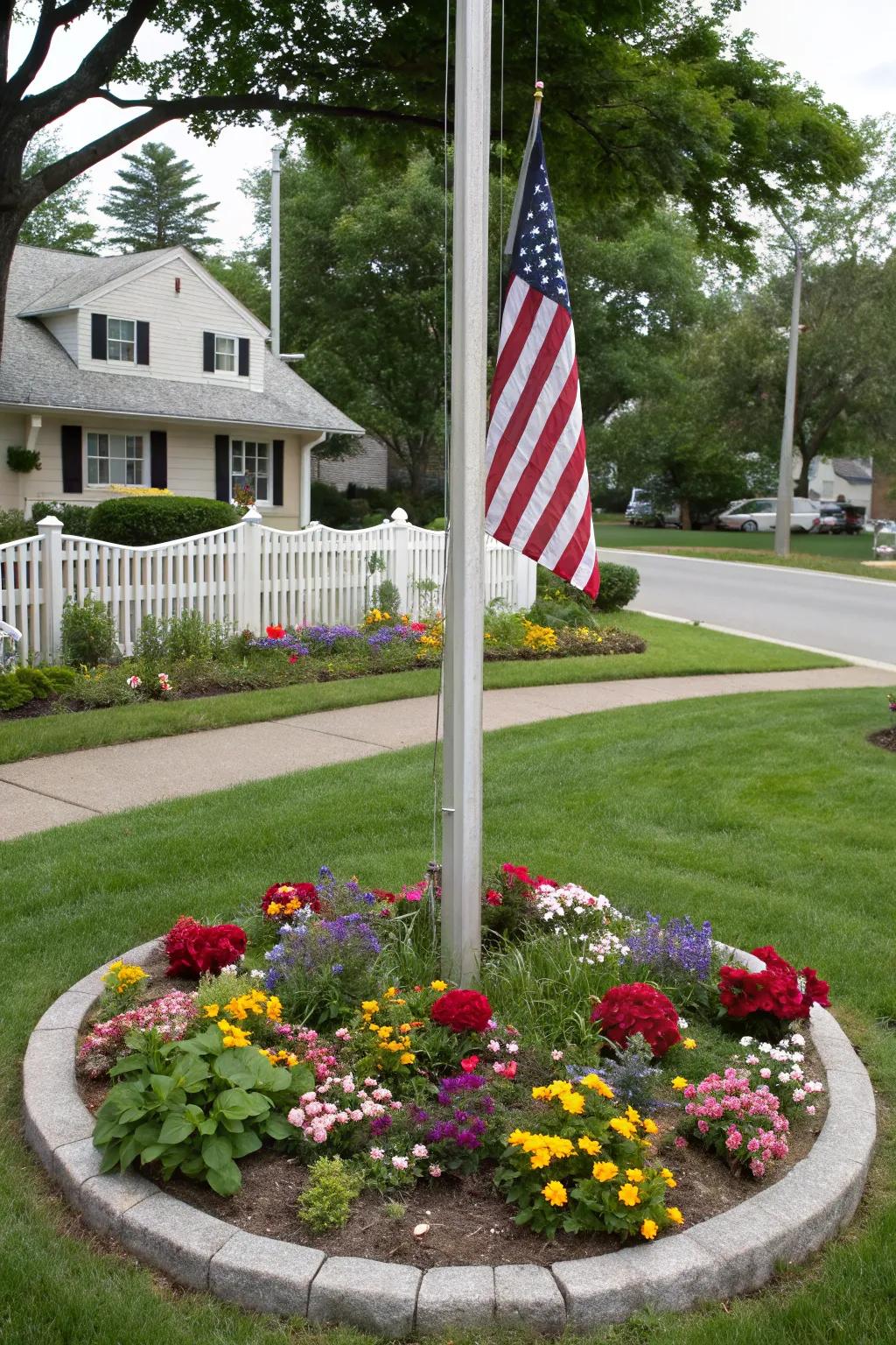 A rounded flower bed around a flagpole provides an eye-catching focal point.