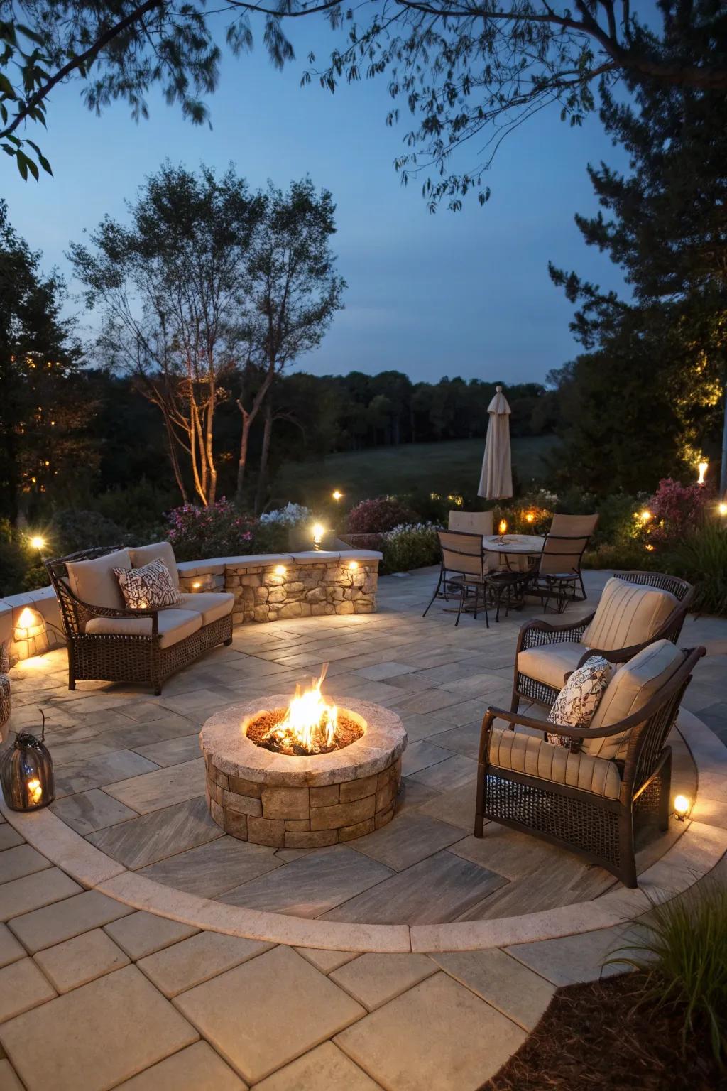 A flagstone patio showcasing an inviting fire pit centerpiece.
