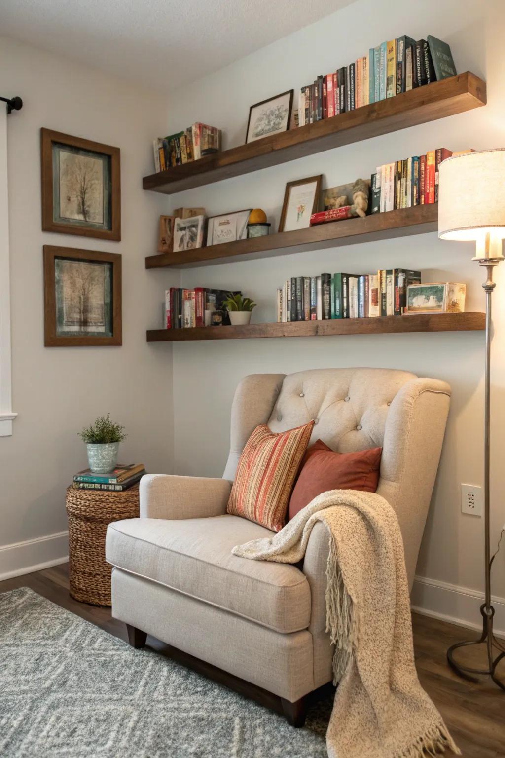 A reading spot highlighted by floating shelves