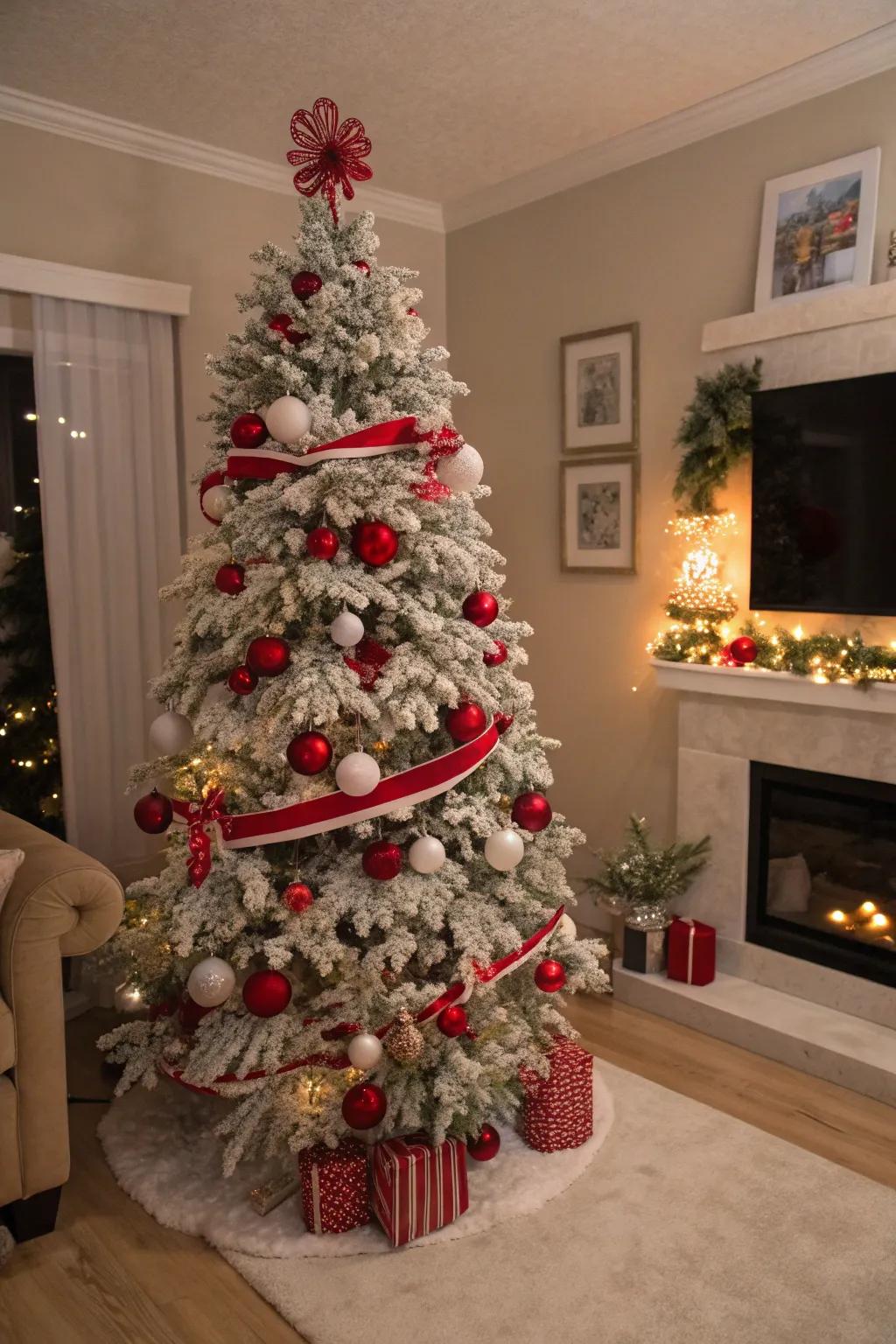 A traditionally adorned flocked Christmas tree in red and white.