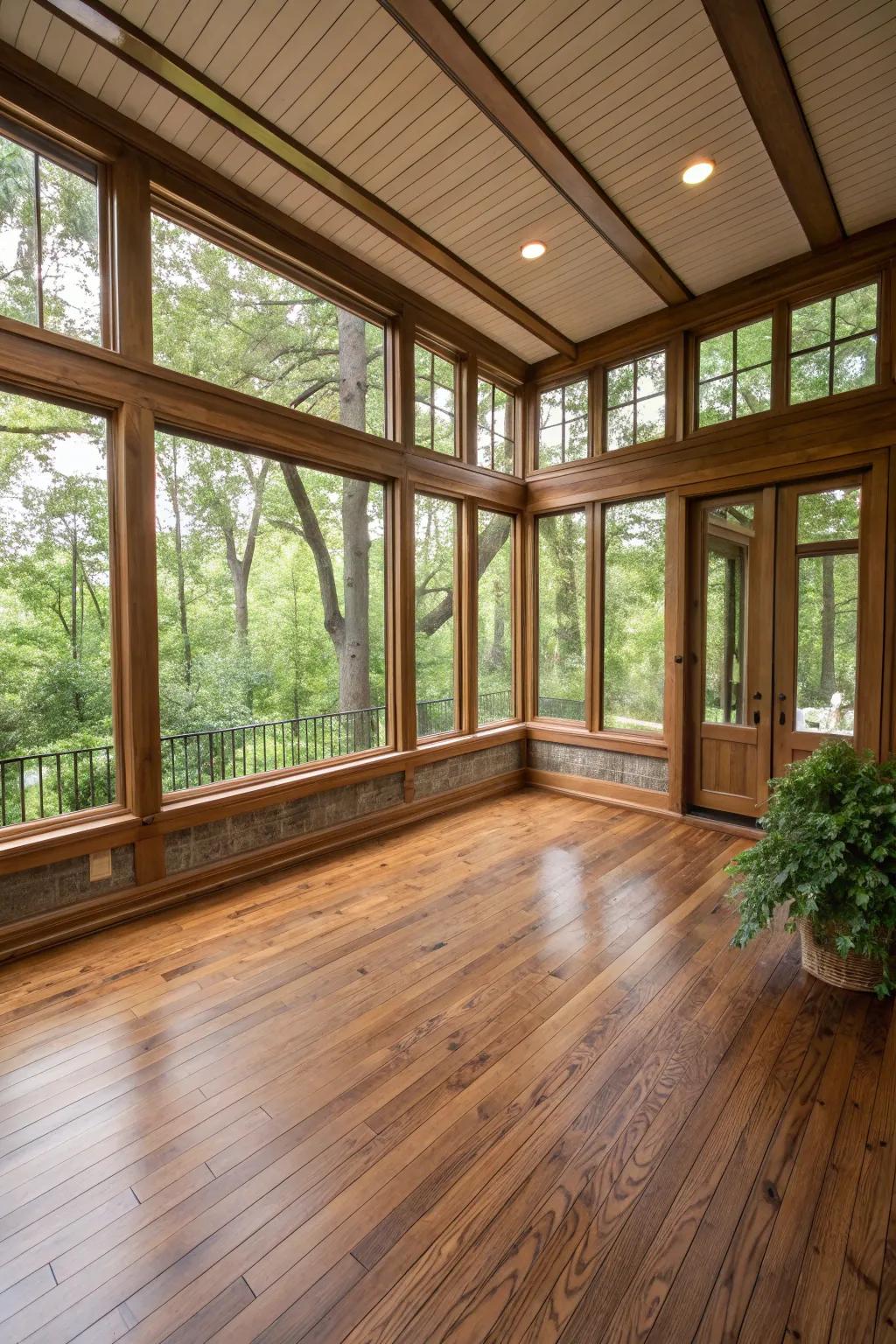 Hardwood flooring provides classic elegance to this sunroom.