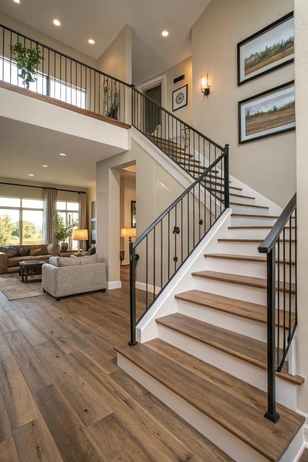 A modern staircase adorned with laminate flooring, perfectly mirroring the appearance of real hardwood.