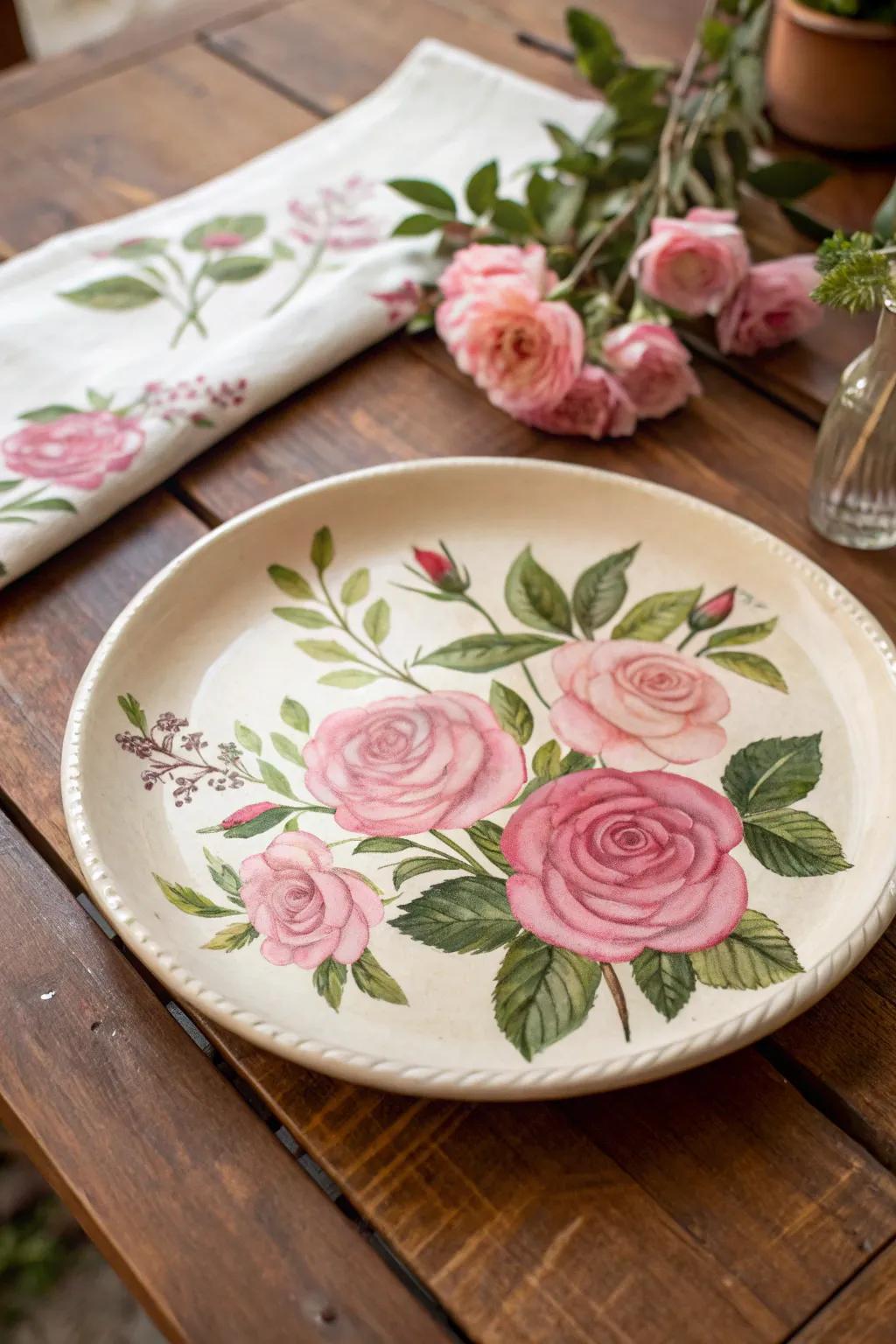 A classic rose motif lends enduring sophistication to any plate.
