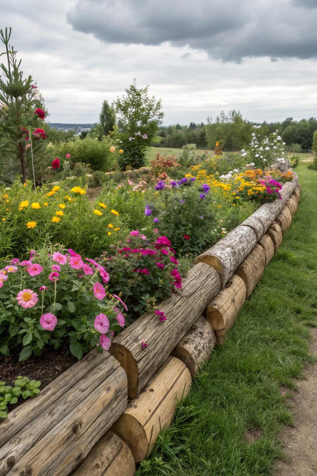 Wooden logs crafting a delightful and rustic border for a flower bed.
