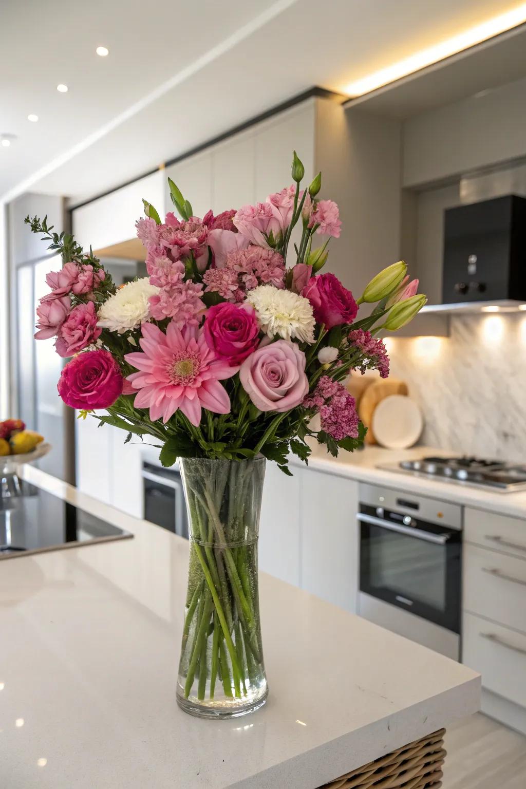 A monochromatic bouquet of pink flowers lends sophistication to a kitchen ambiance.
