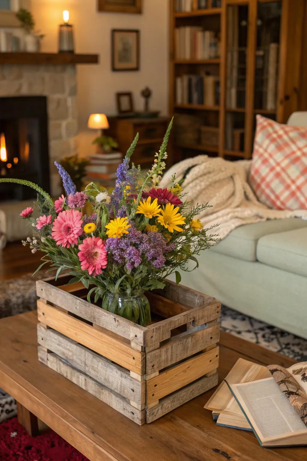 A country timber box introduces a warm appeal to any space.