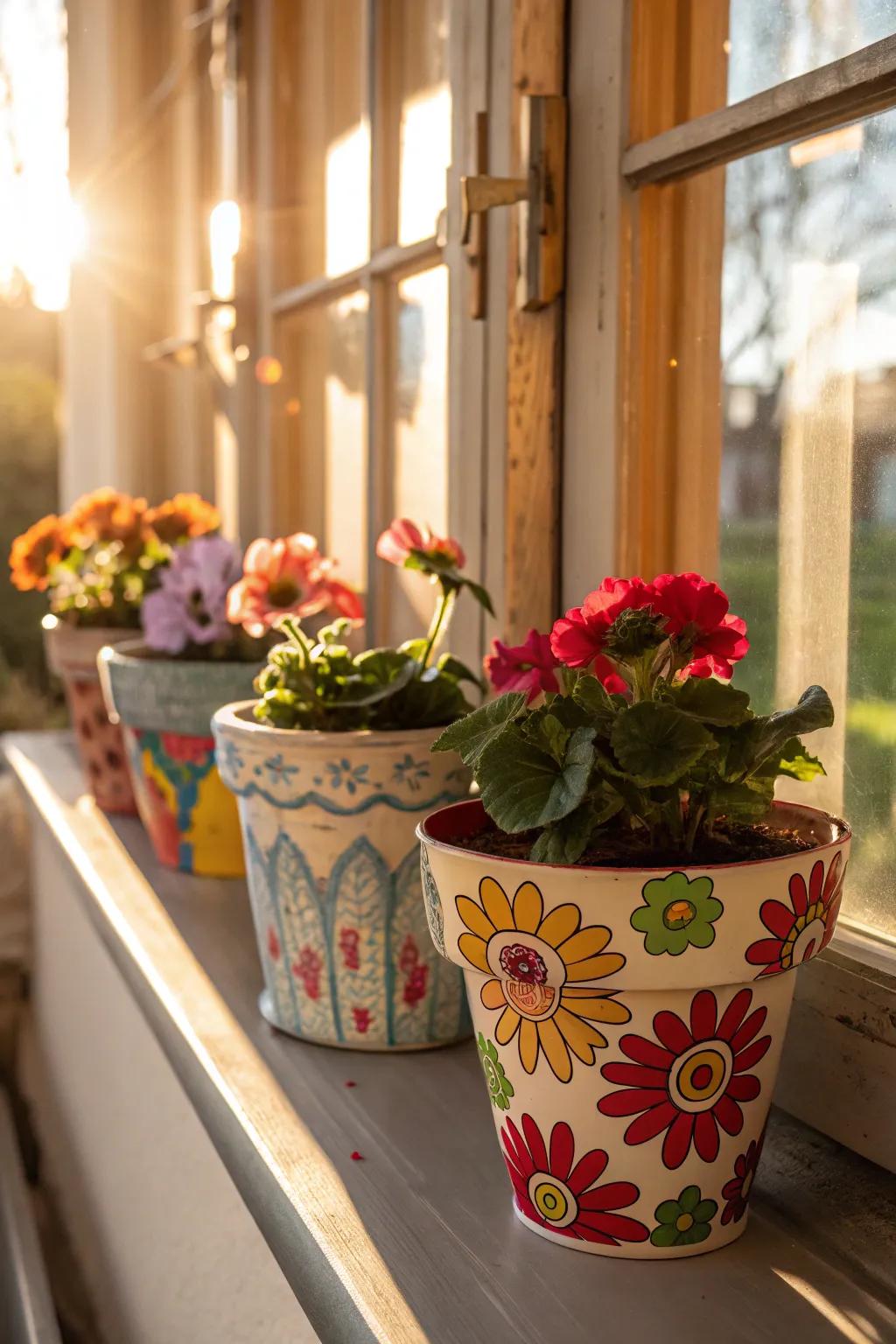 Communicate your ingenuity through vibrant, manually applied paint schemes on flower containers.