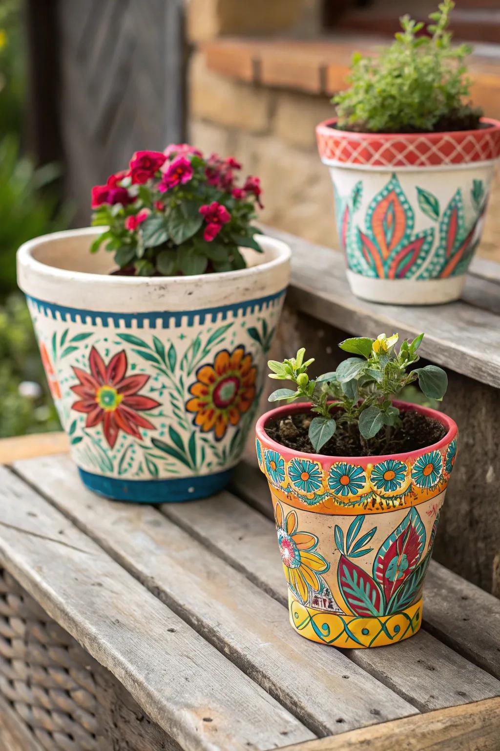 Artistically painted flower pots, contributing a splash of color to any setting.