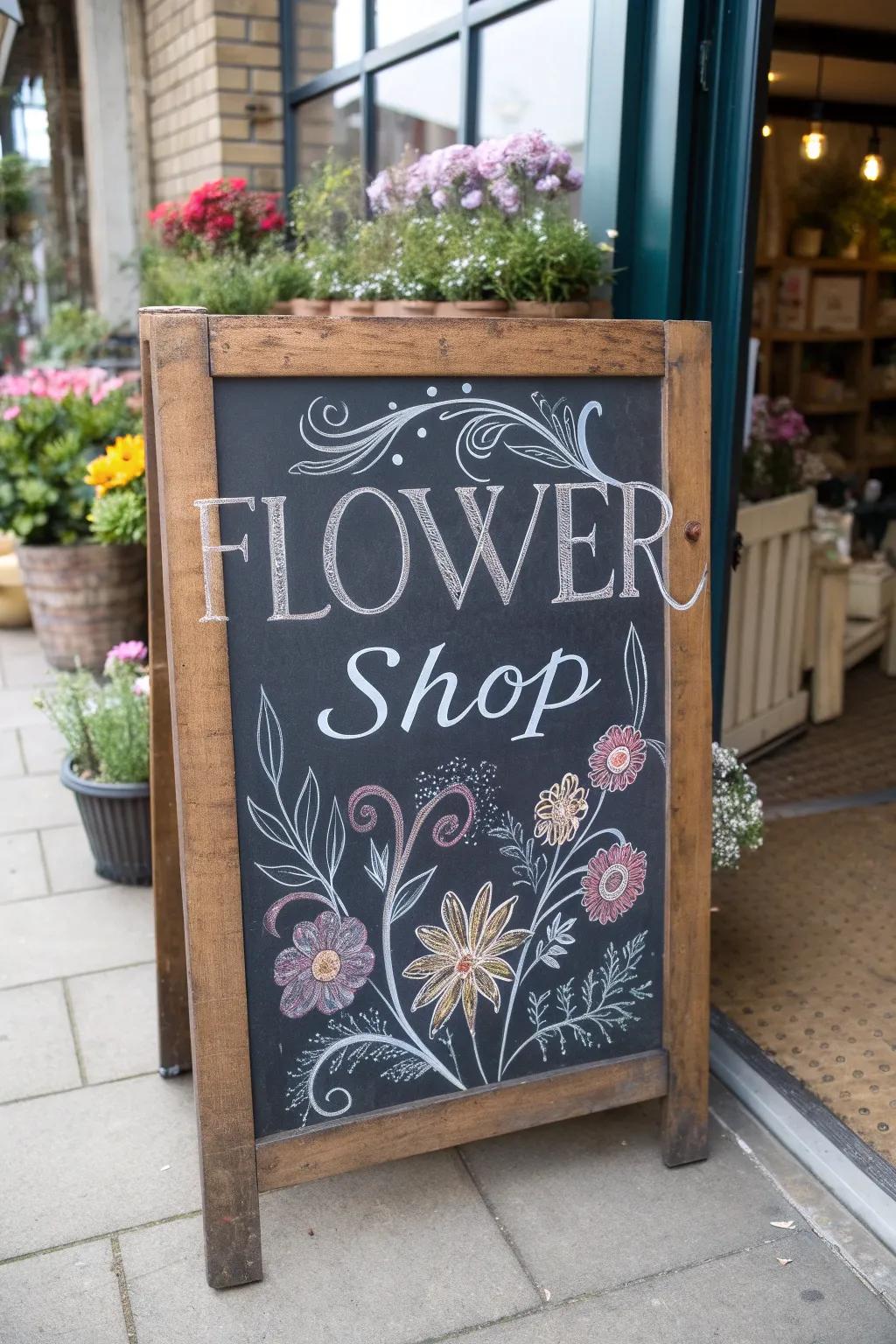 Charming vintage chalkboard sign enhancing the flower shop's nostalgic appeal
