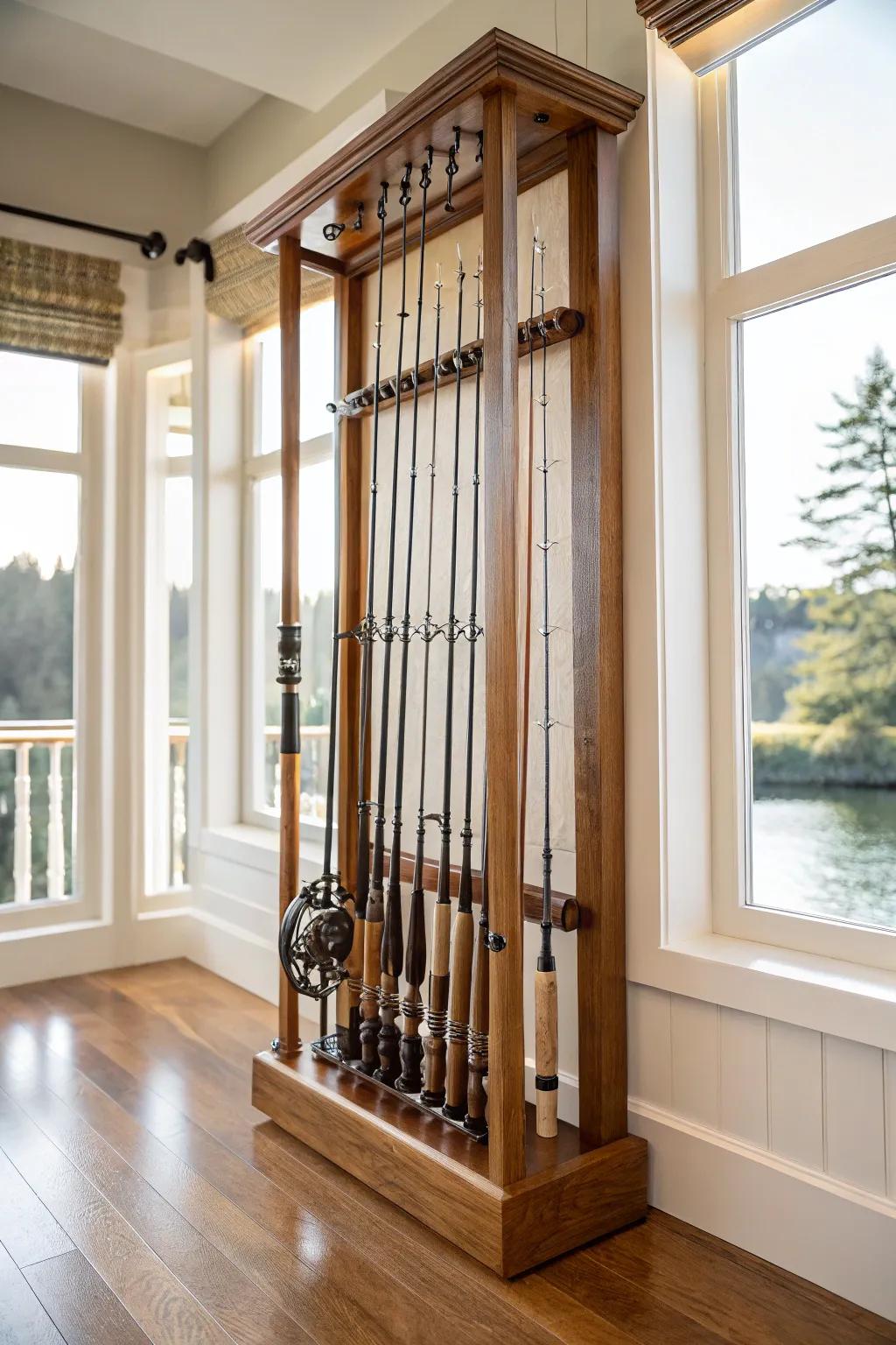 Upright rod storage that blends practicality with visual appeal.