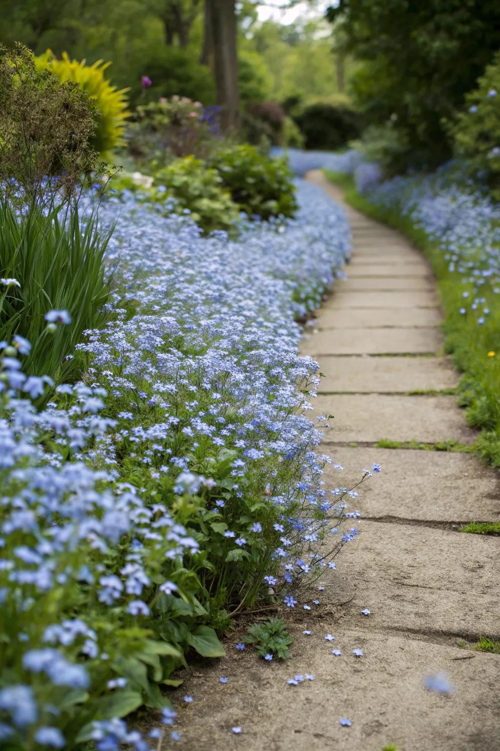 Tiered forget-me-nots fashion an enchanting border alongside garden paths.