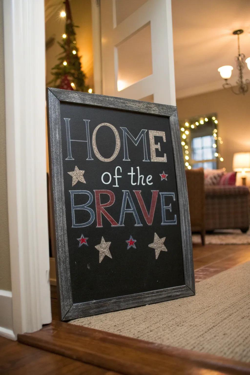 'Land of the Free' displayed in an inviting entrance using chalkboard art.