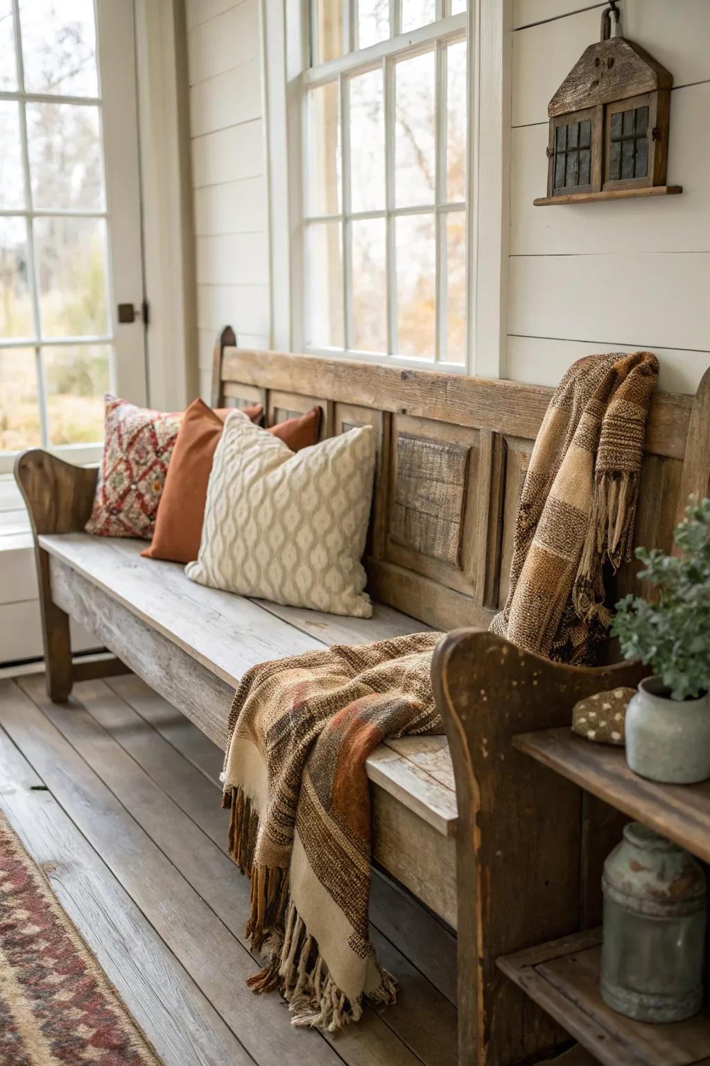 A rustic wooden bench adds warmth and functionality.