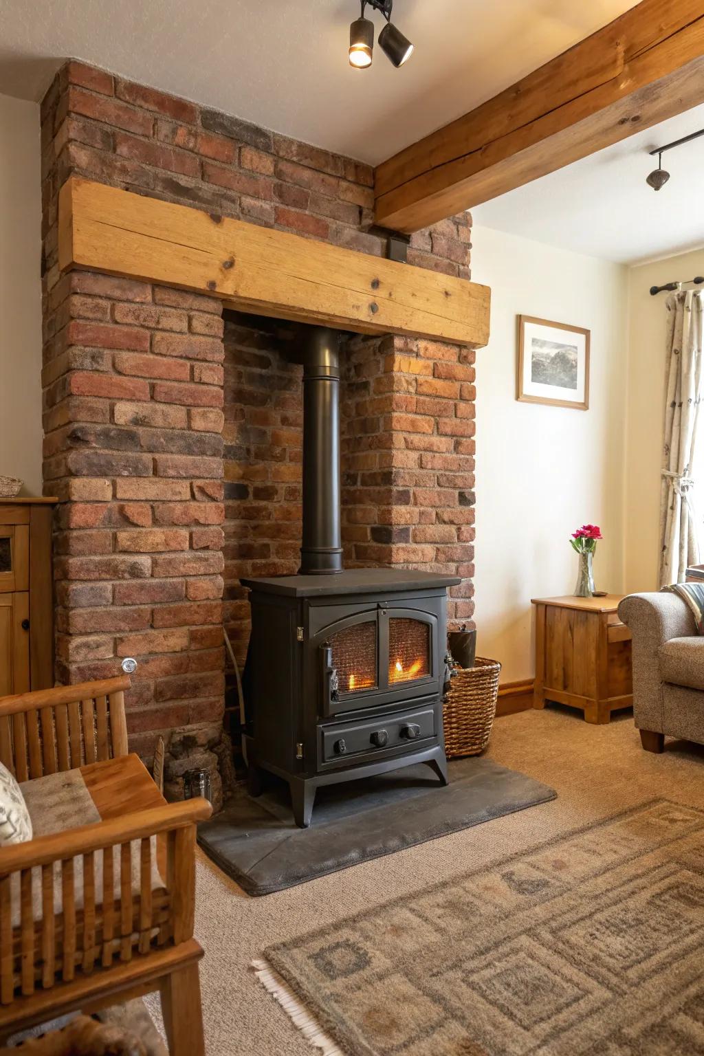 A brick background enhances the rustic appeal of this log burner.