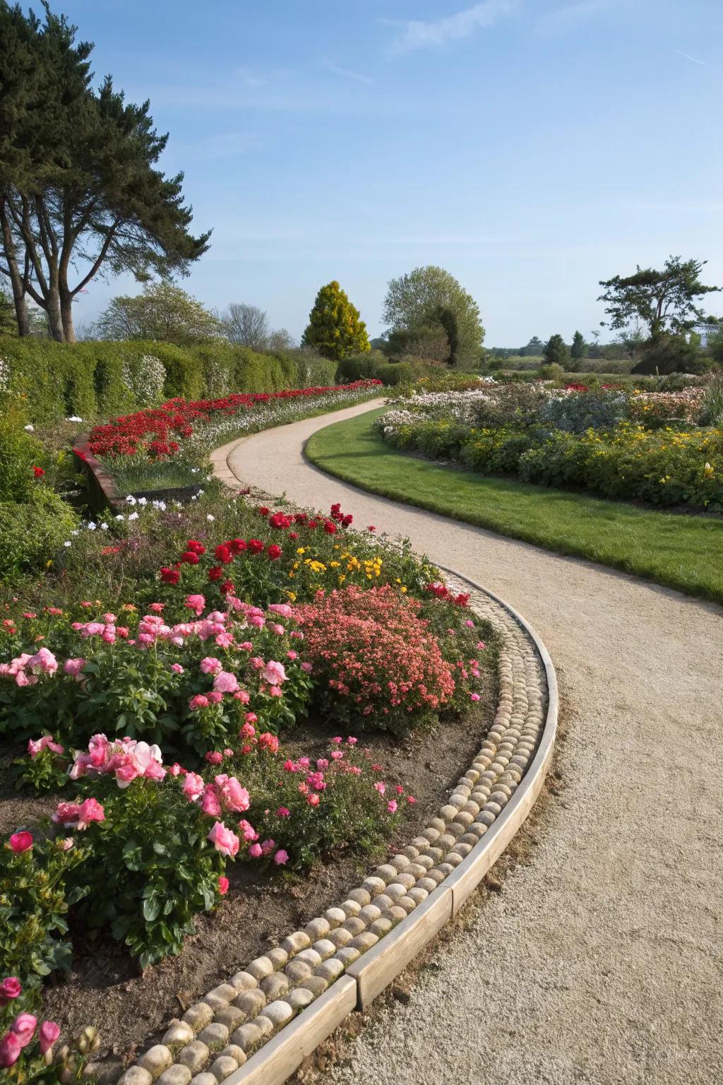 An elegant winding path with integrated drainage systems, adorned with vibrant flower beds.