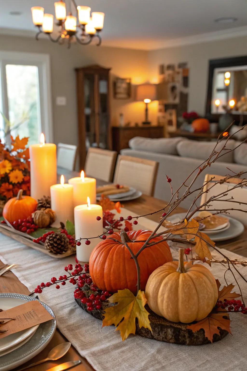 A comfortable Friendsgiving tablescape featuring gourds and lights.