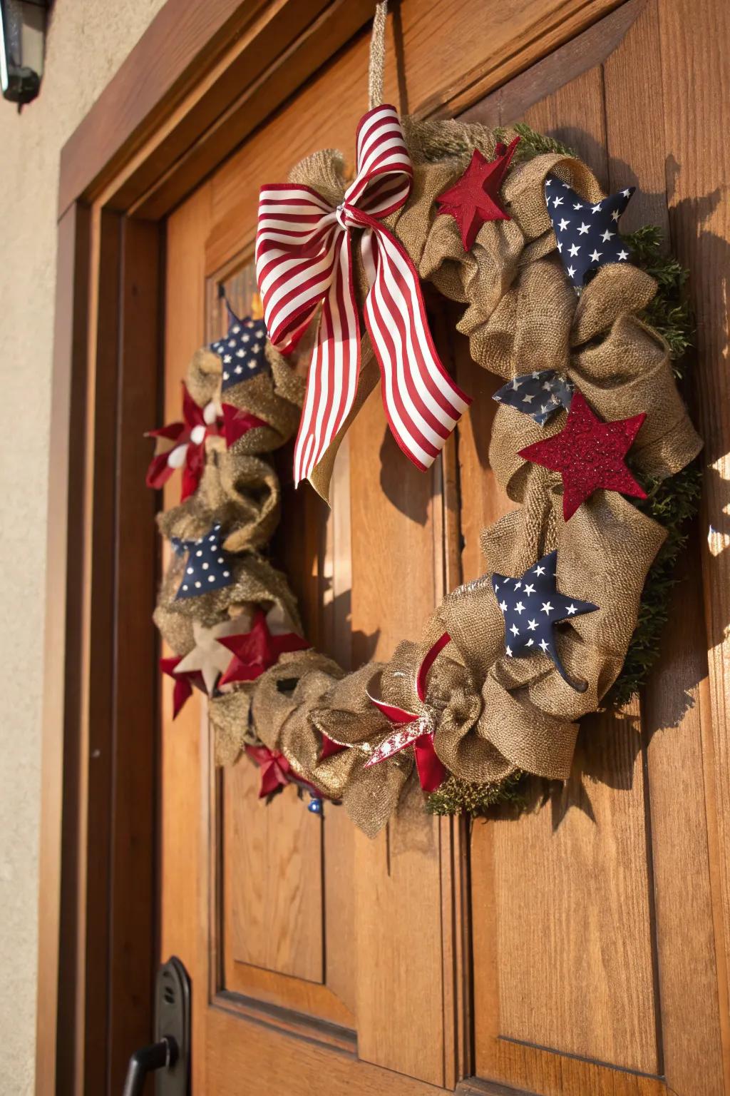 A traditional stars and stripes wreath enhanced with a rustic touch.