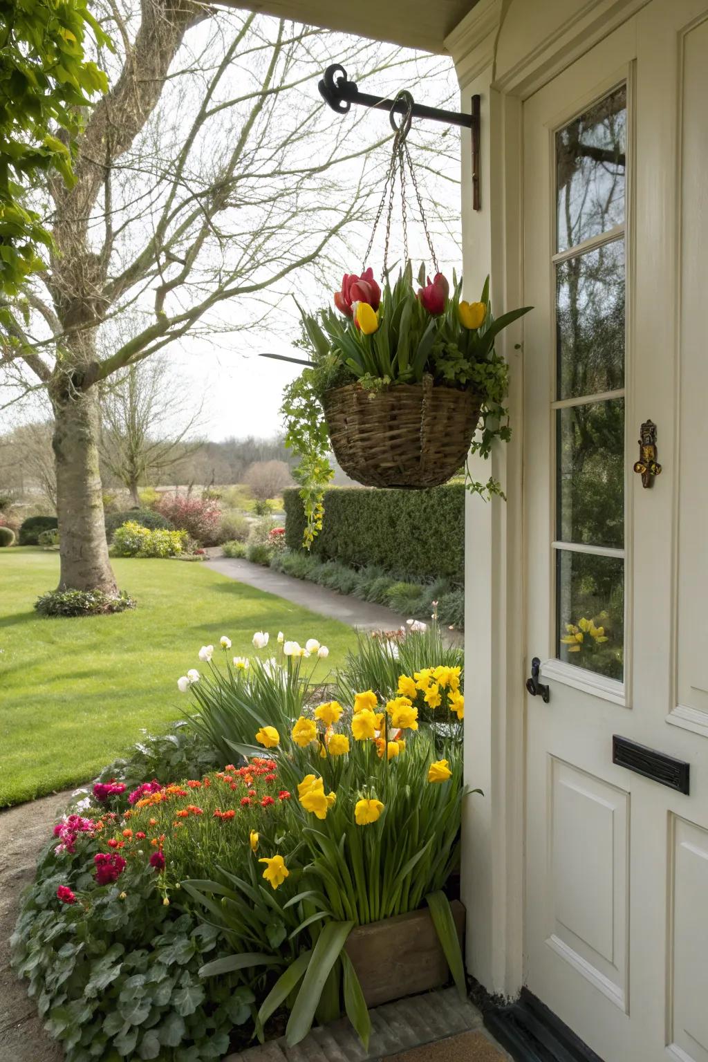 Spring tulips and daffodils infuse your front door with vibrancy and life.